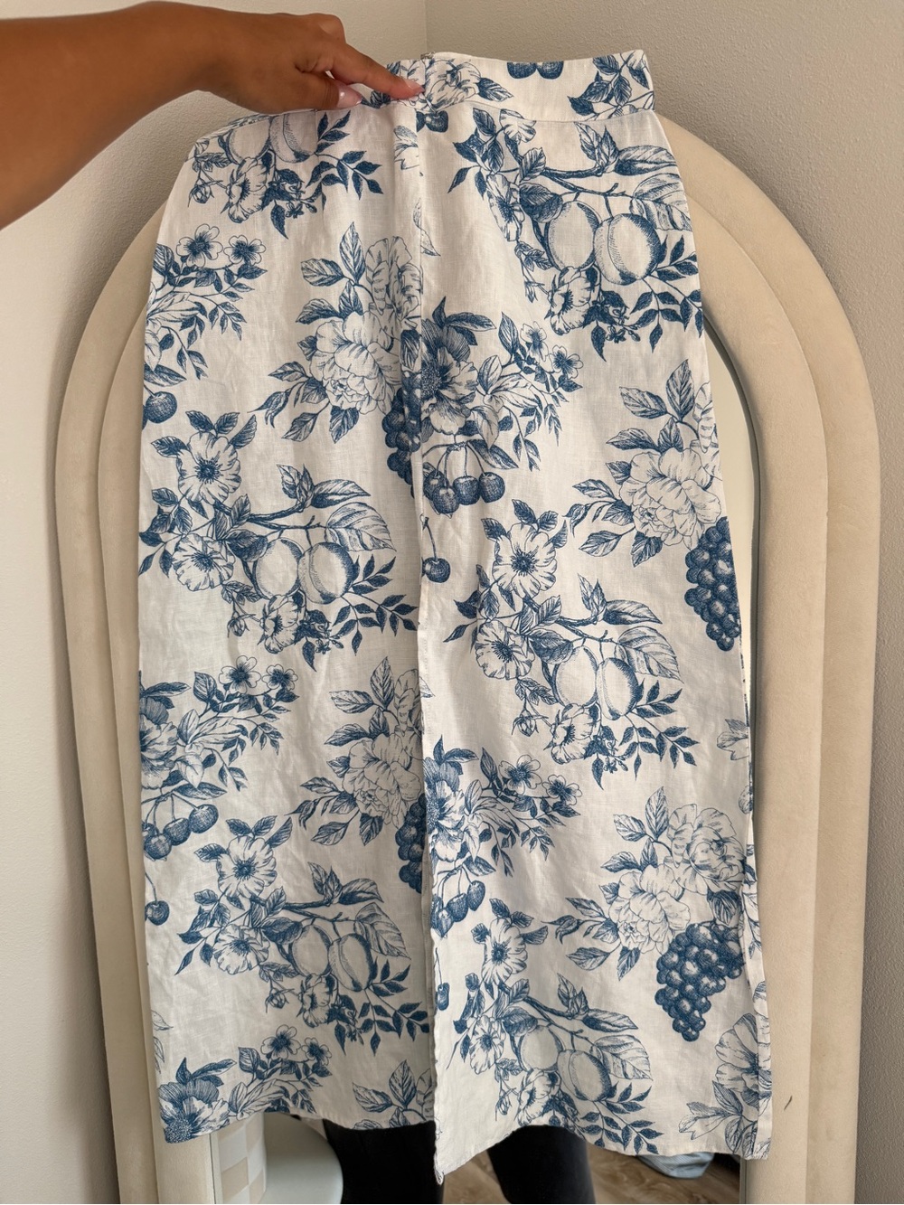 Reformation White Linen skirt with Blue Botanical Print
